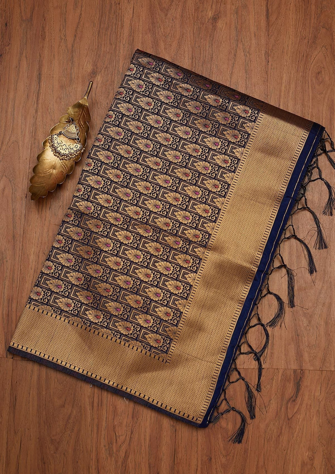 Navy Blue Zariwork Raw Silk Designer Saree - koskii