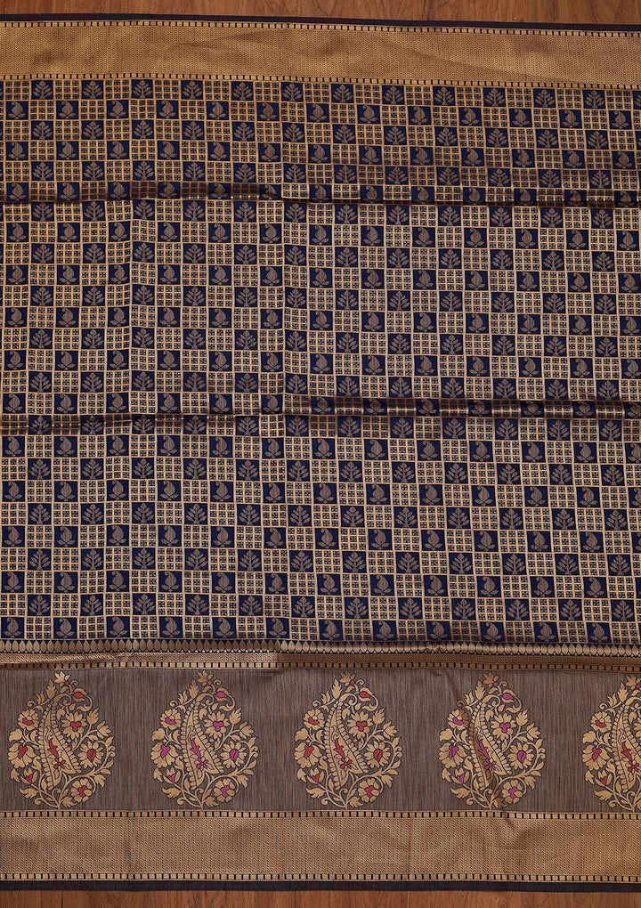Navy Blue Zariwork Raw Silk Designer Saree - koskii