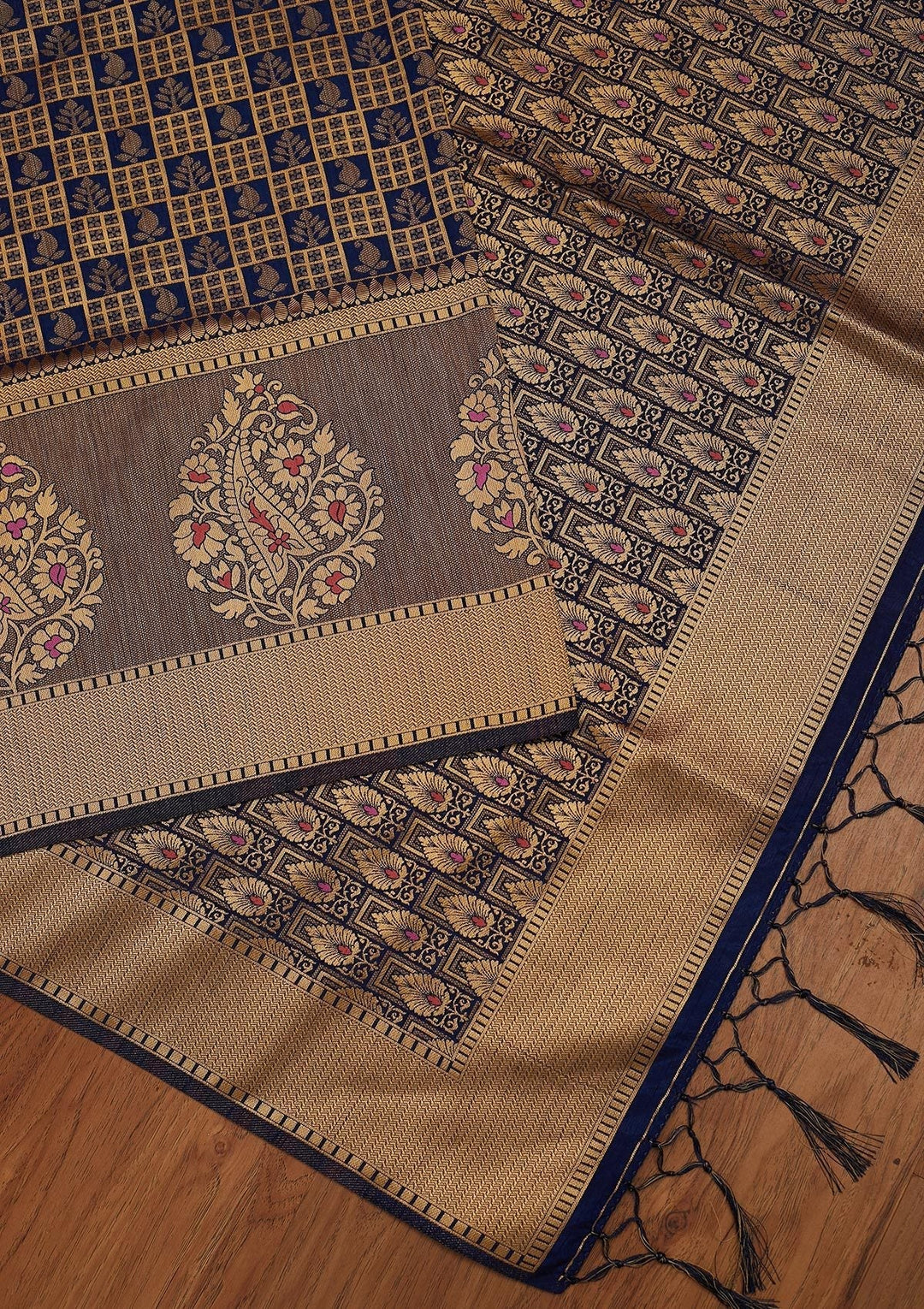 Navy Blue Zariwork Raw Silk Designer Saree - koskii