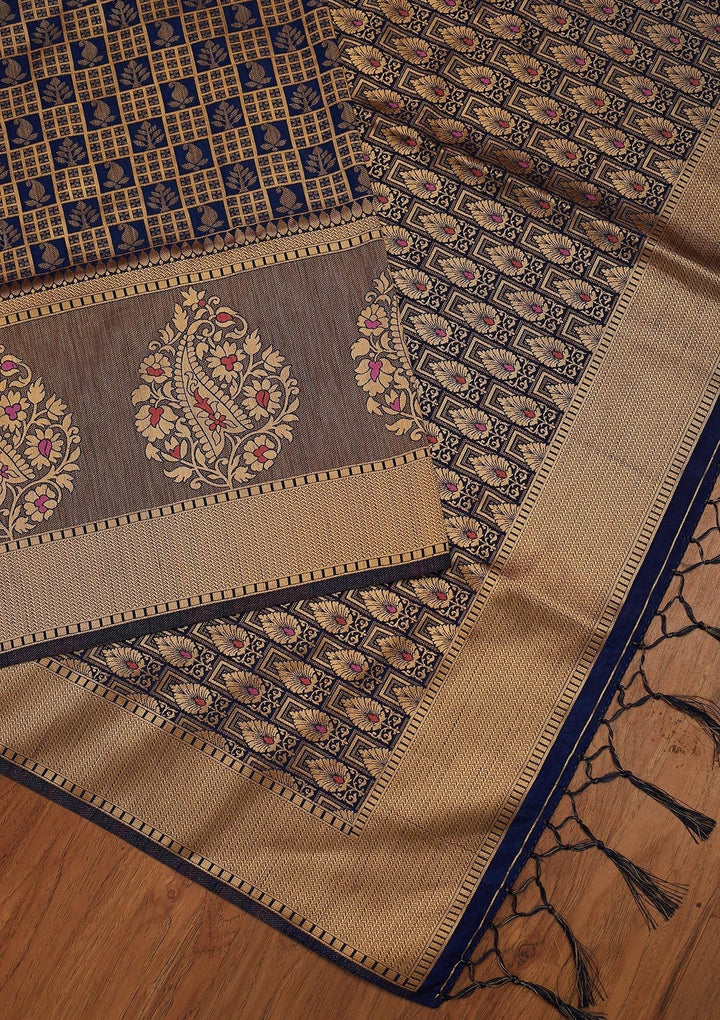 Navy Blue Zariwork Raw Silk Designer Saree - koskii
