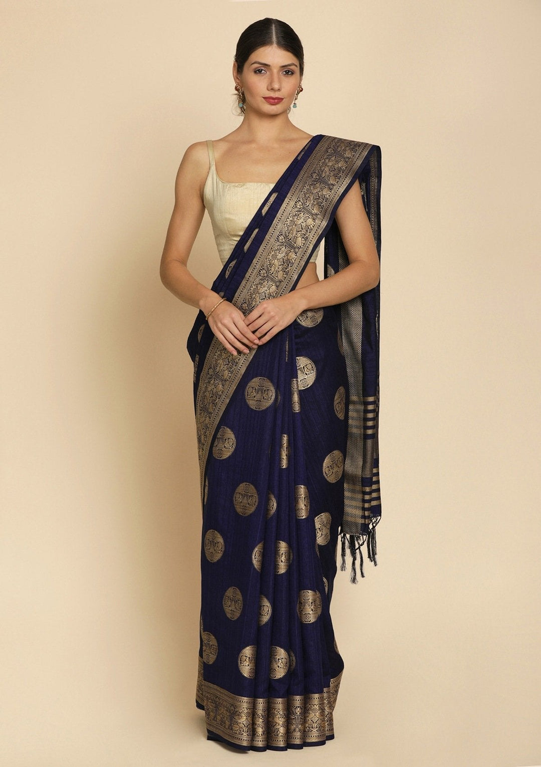 Navy Blue Zariwork Raw Silk Designer Saree - koskii