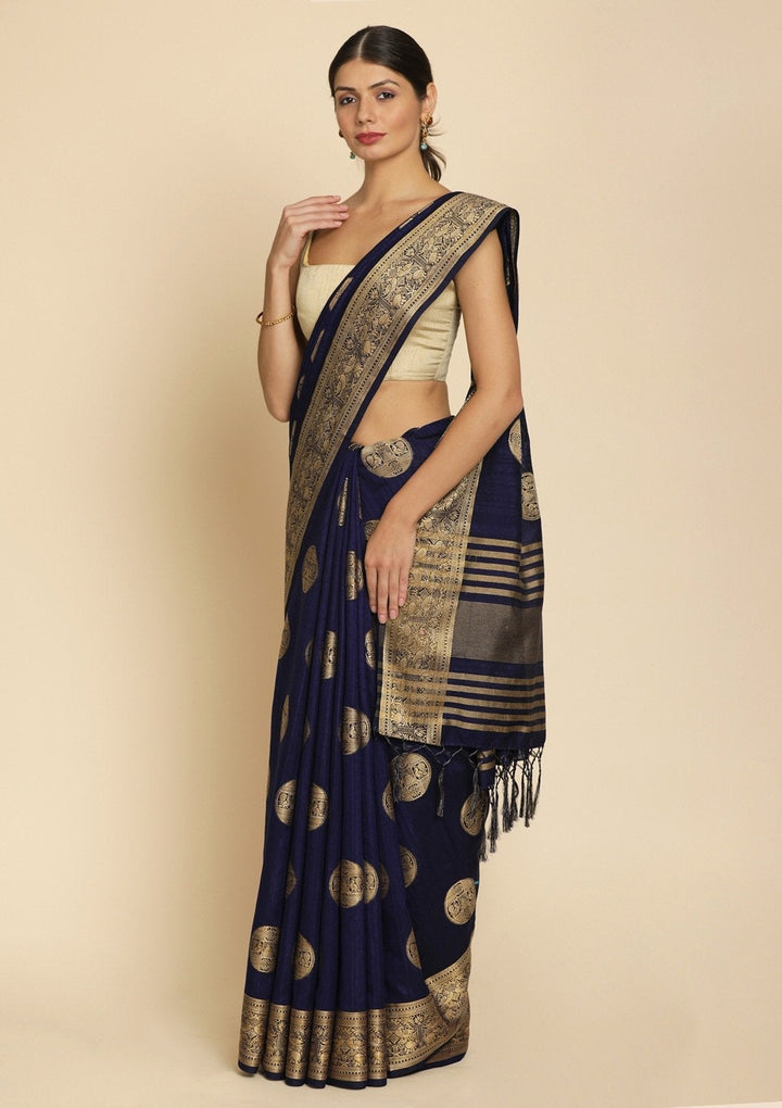 Navy Blue Zariwork Raw Silk Designer Saree - koskii