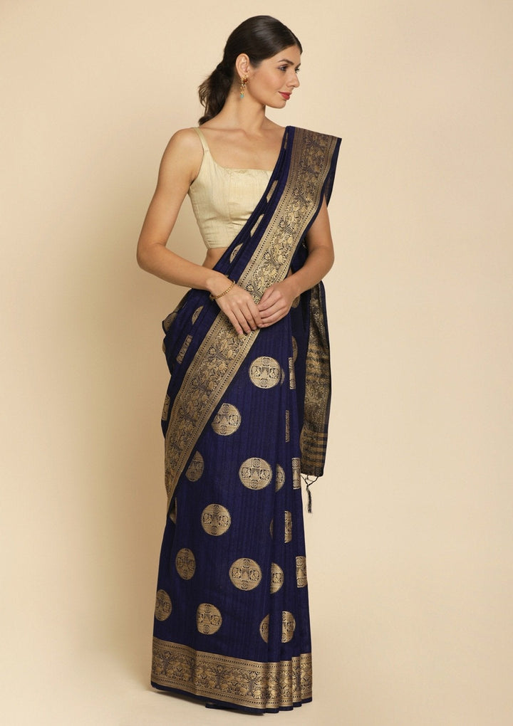 Navy Blue Zariwork Raw Silk Designer Saree - koskii