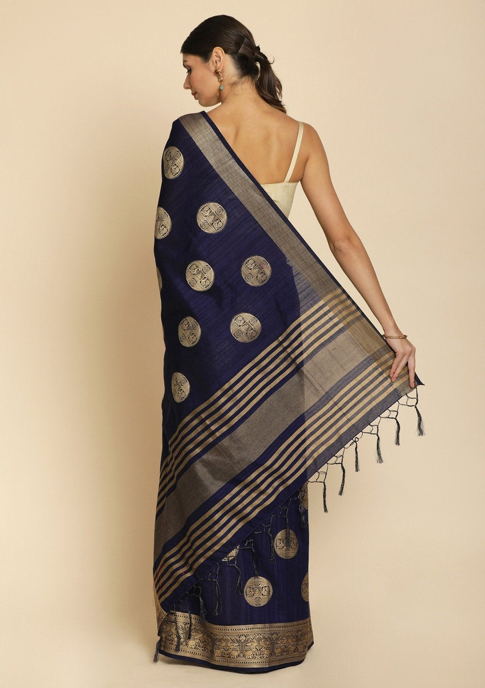 Navy Blue Zariwork Raw Silk Designer Saree - koskii