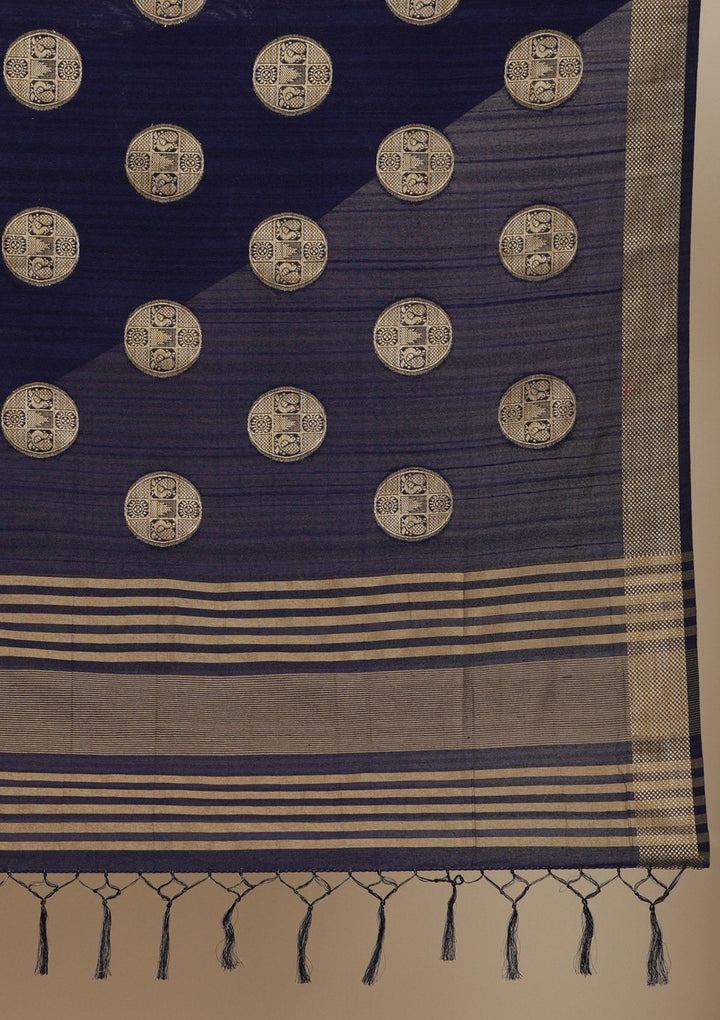 Navy Blue Zariwork Raw Silk Designer Saree - koskii