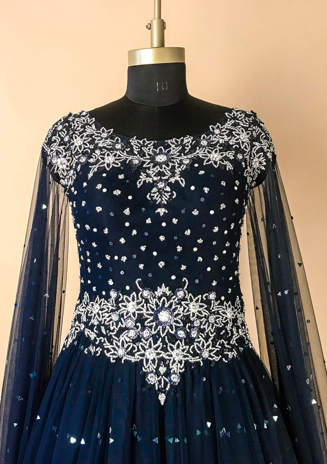 Navy Blue Silver Stonework Net Designer Gown - koskii