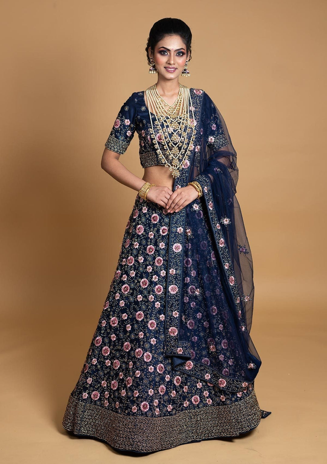 Navy Blue Stonework Net Designer Semi-Stitched Lehenga - koskii