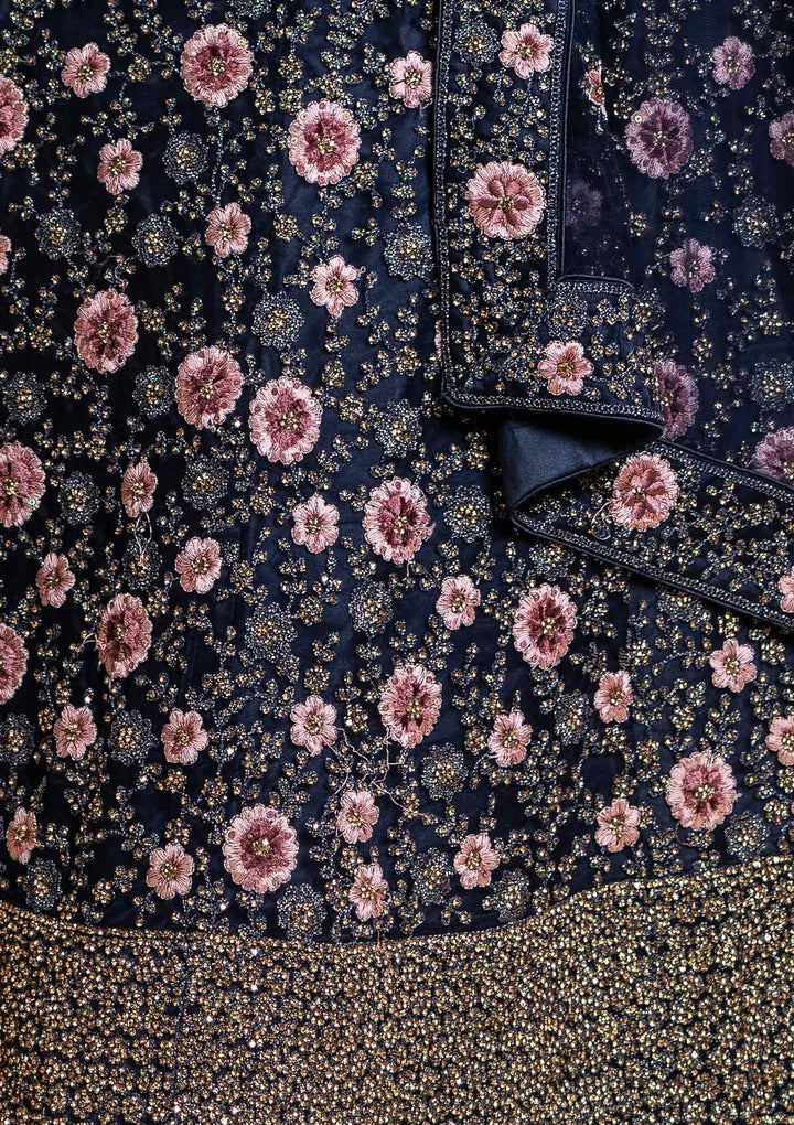 Navy Blue Stonework Net Designer Semi-Stitched Lehenga - koskii
