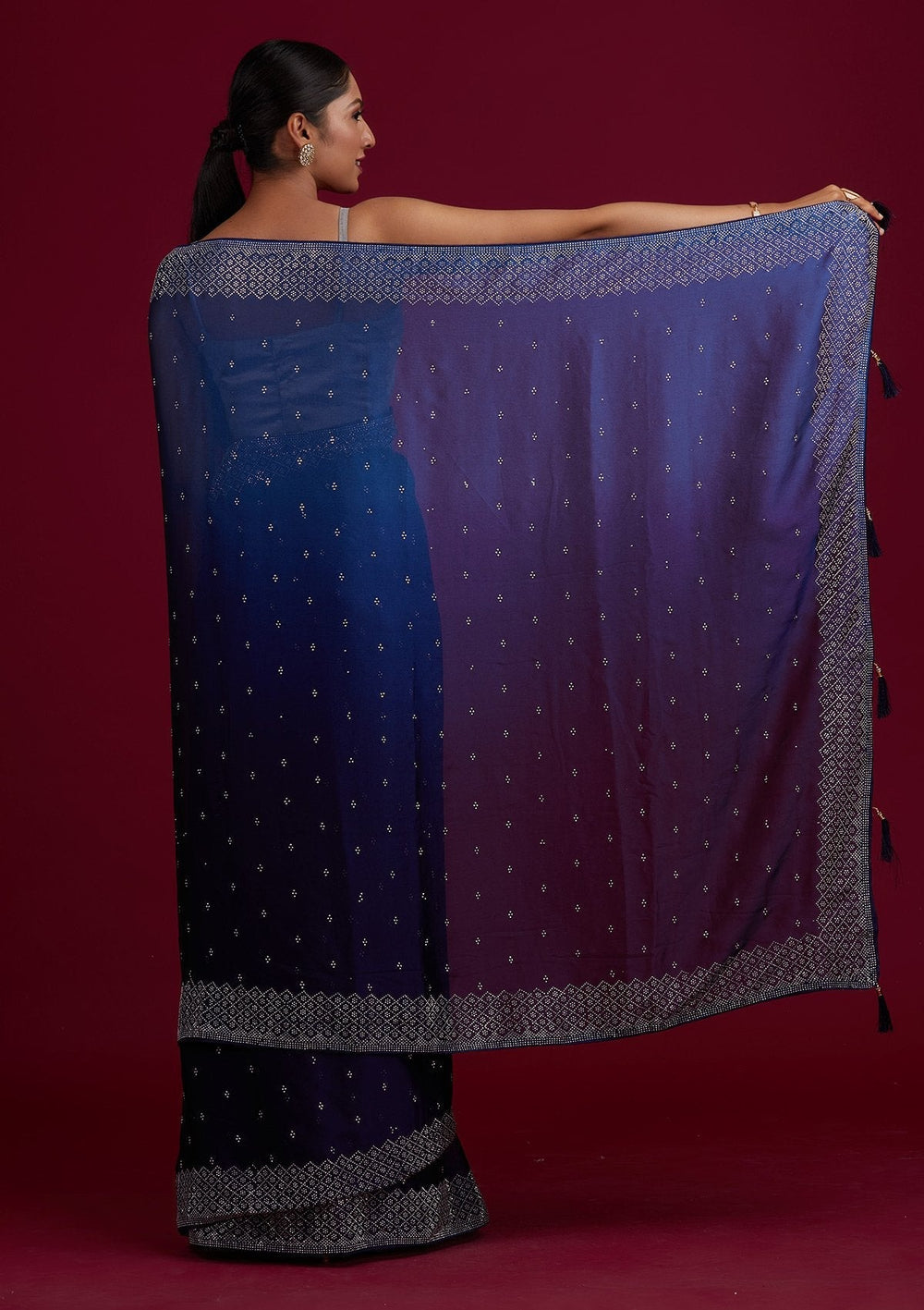 Navy Blue Swarovski  Satin Designer Saree - Koskii