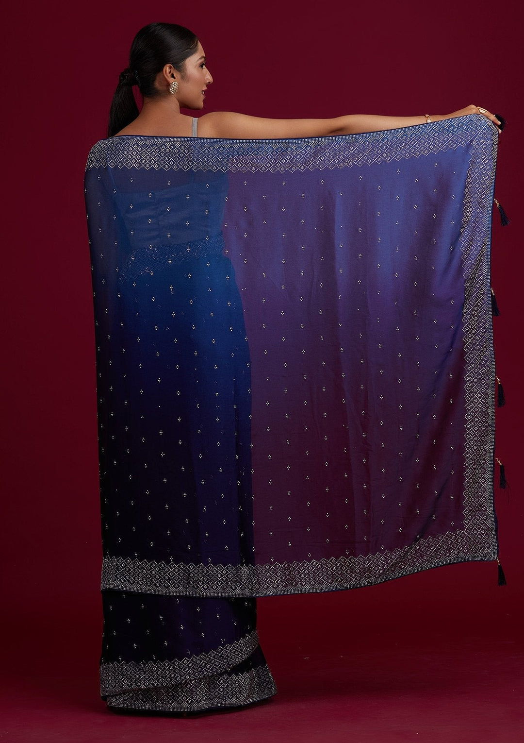 Navy Blue Swarovski  Satin Designer Saree - Koskii