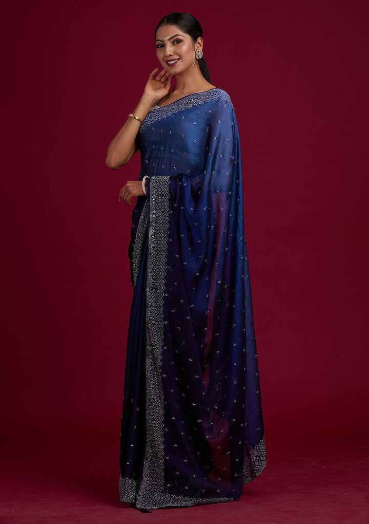 Navy Blue Swarovski  Satin Designer Saree - Koskii