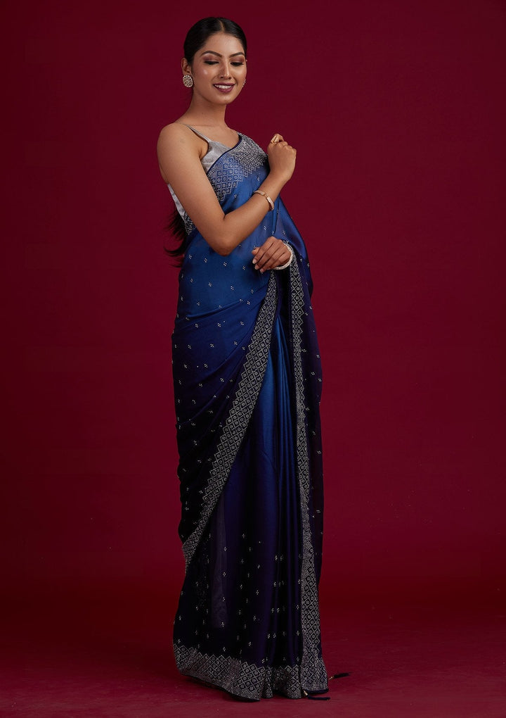 Navy Blue Swarovski  Satin Designer Saree - Koskii