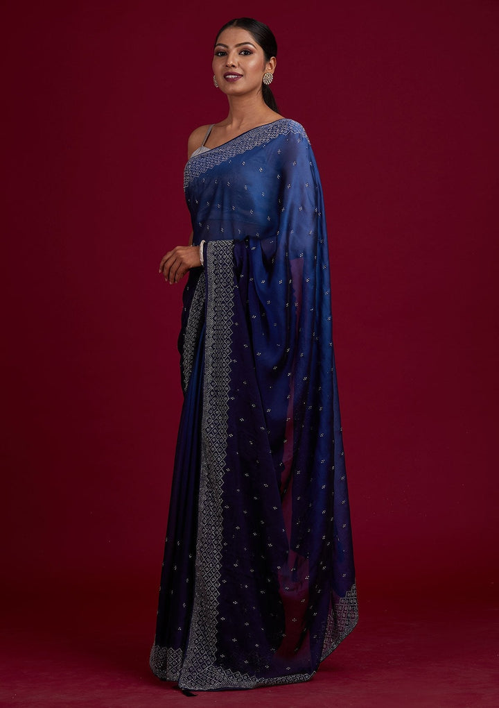 Navy Blue Swarovski  Satin Designer Saree - Koskii
