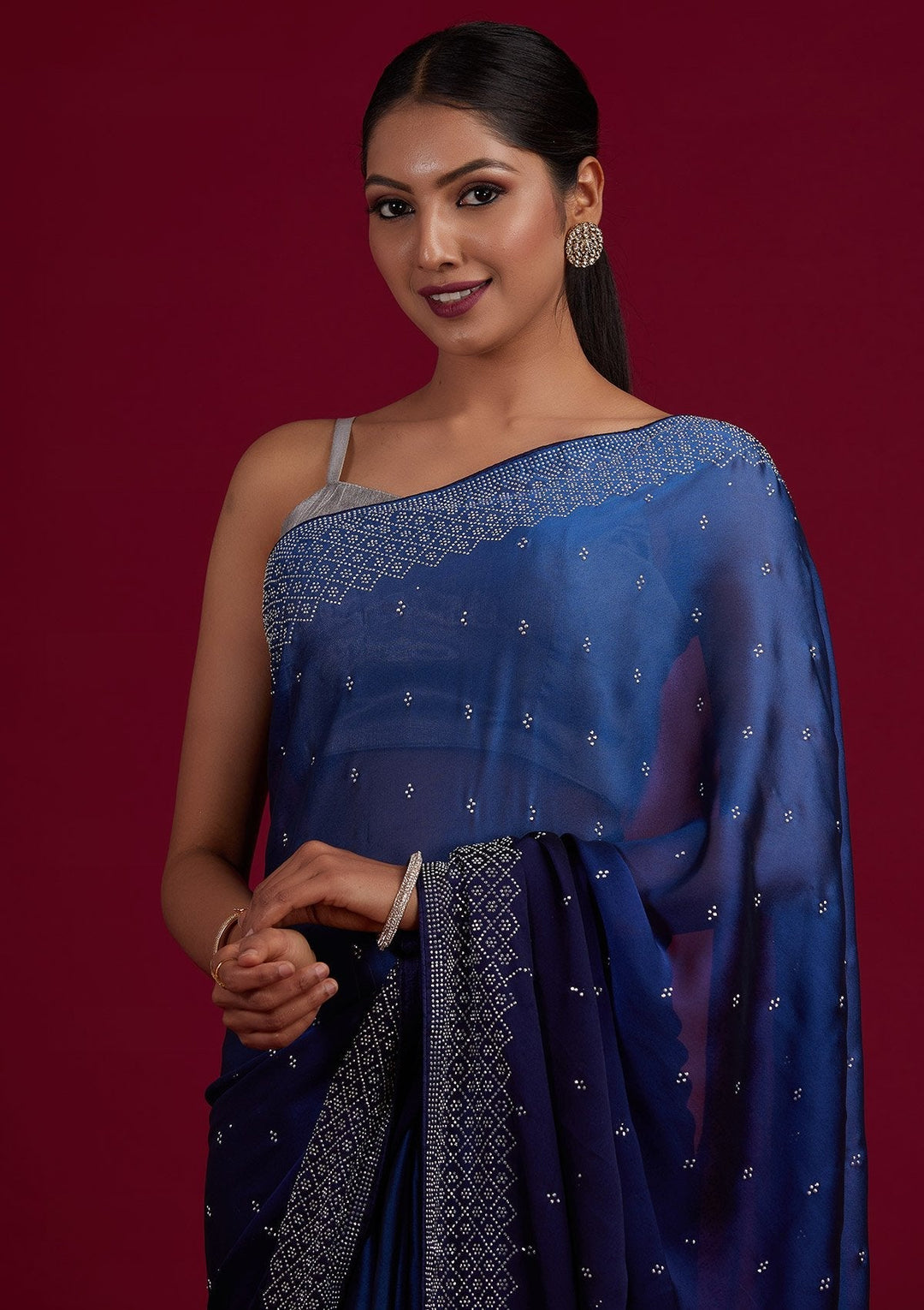 Navy Blue Swarovski  Satin Designer Saree - Koskii