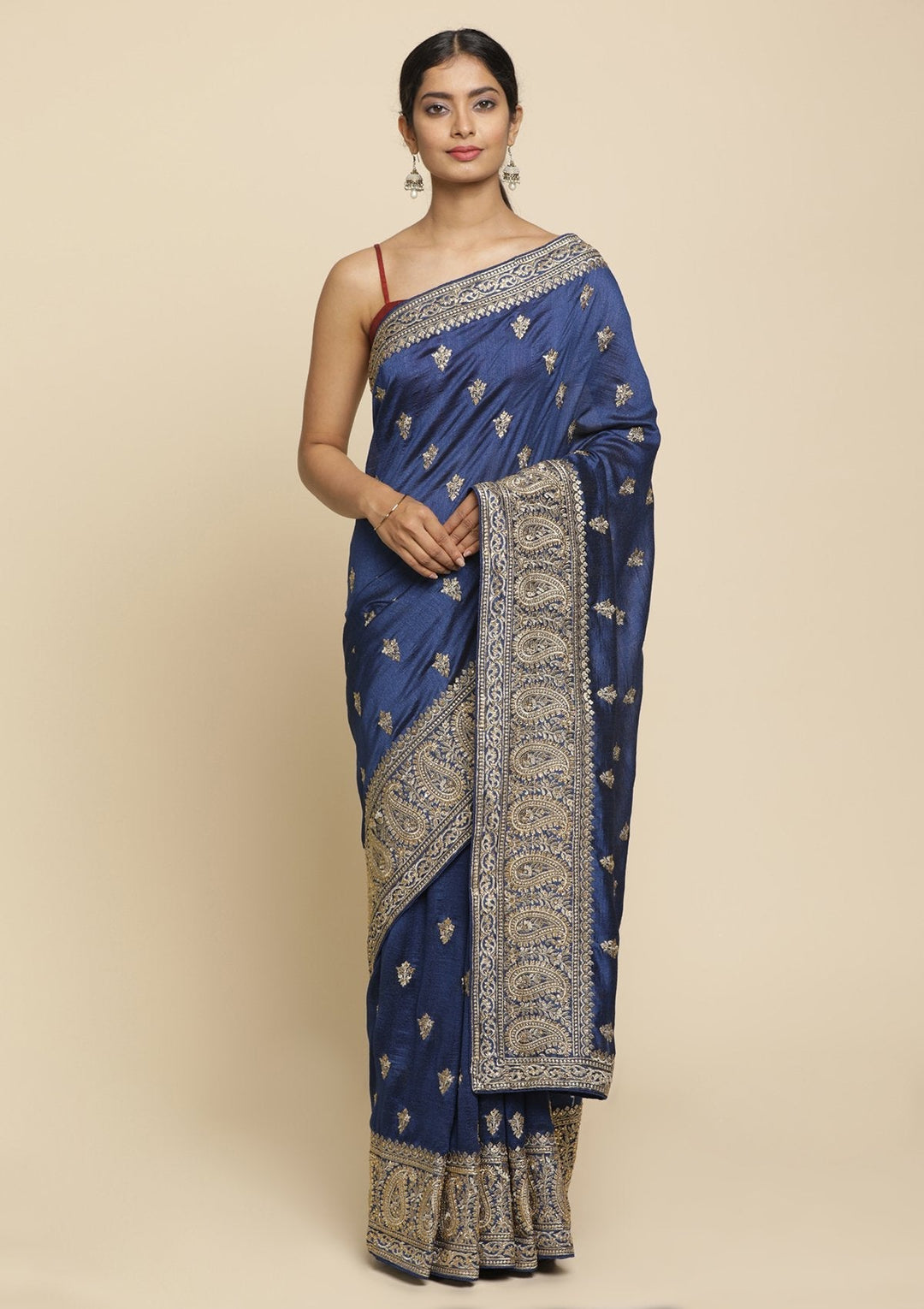 Navy Blue Zariwork  Art Silk Designer Saree - koskii