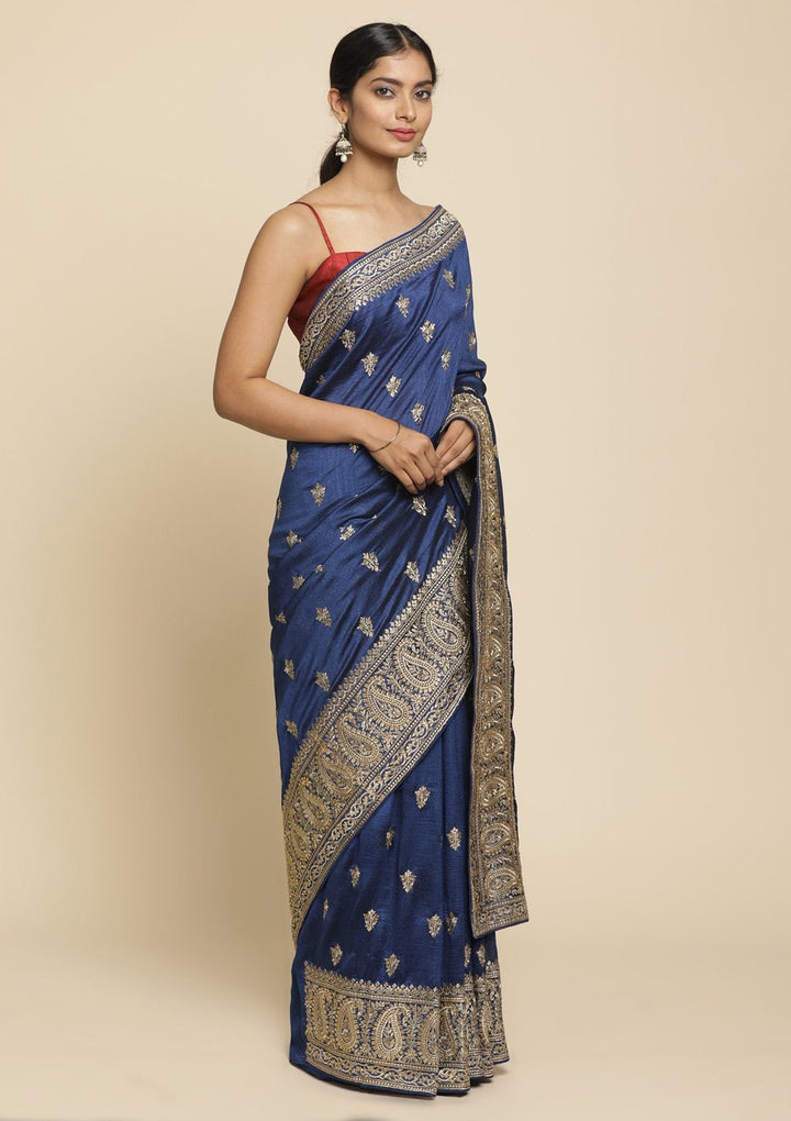Navy Blue Zariwork  Art Silk Designer Saree - koskii