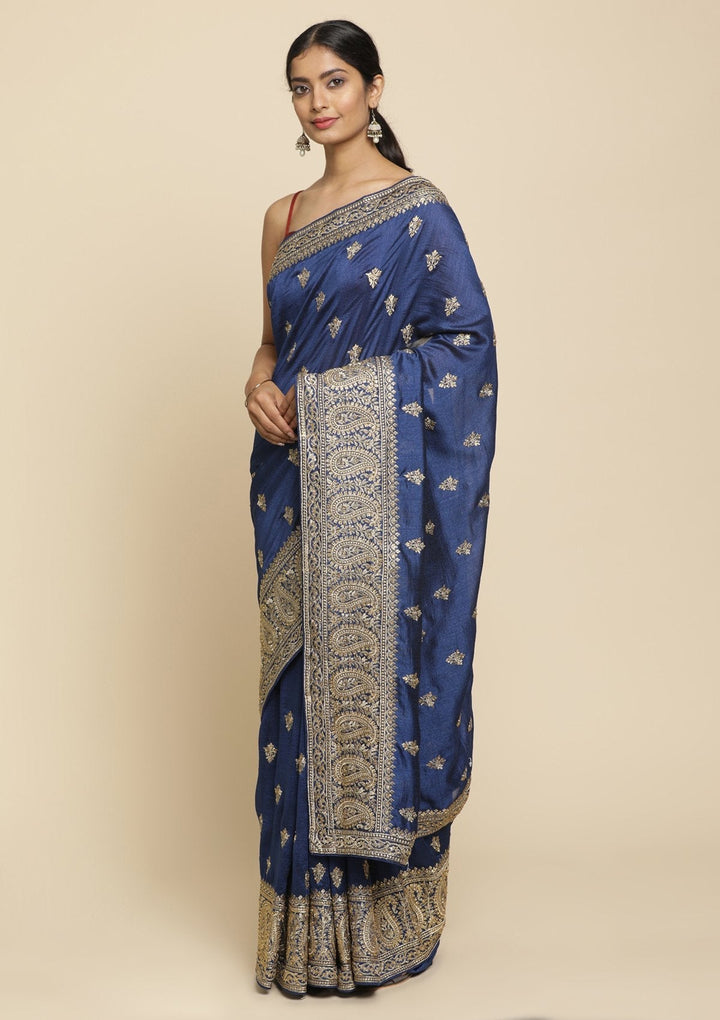 Navy Blue Zariwork  Art Silk Designer Saree - koskii