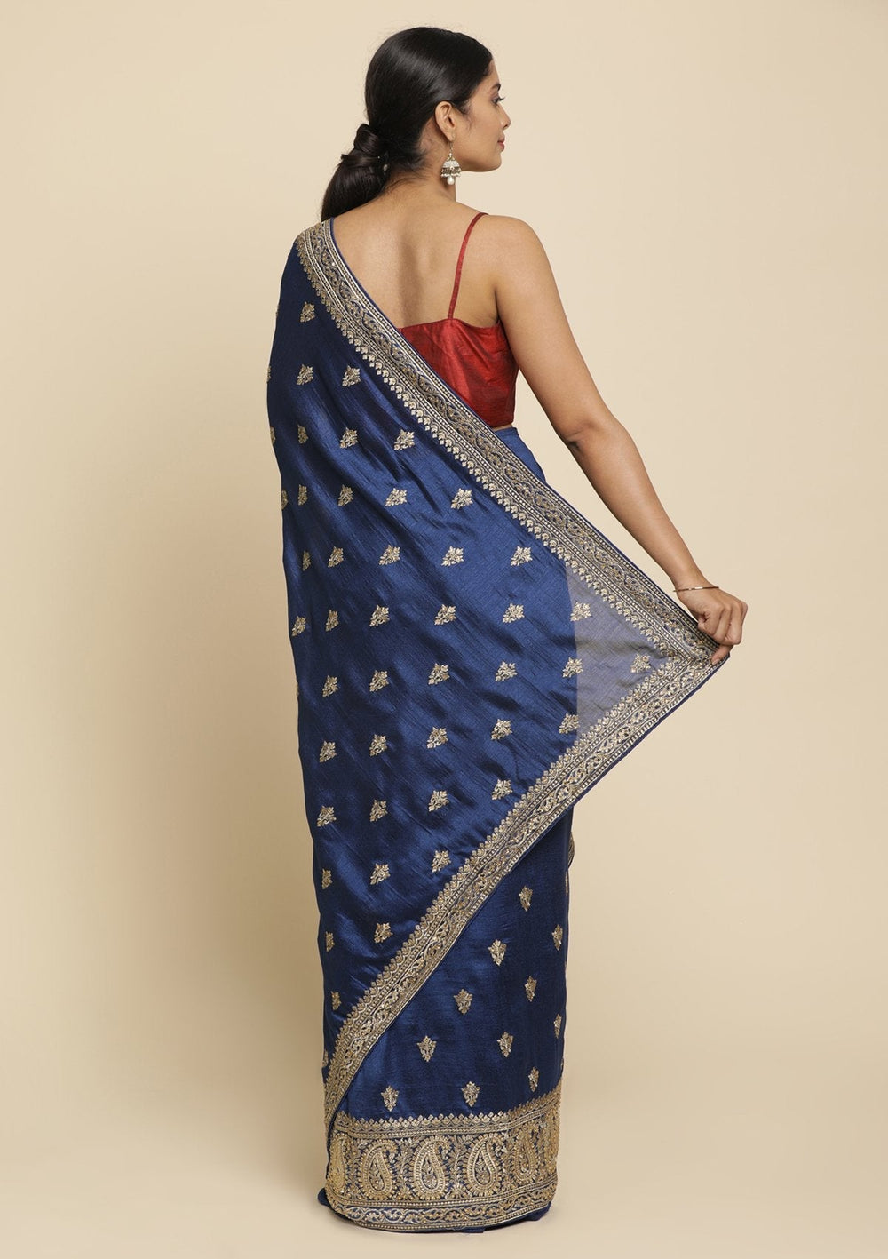 Navy Blue Zariwork  Art Silk Designer Saree - koskii