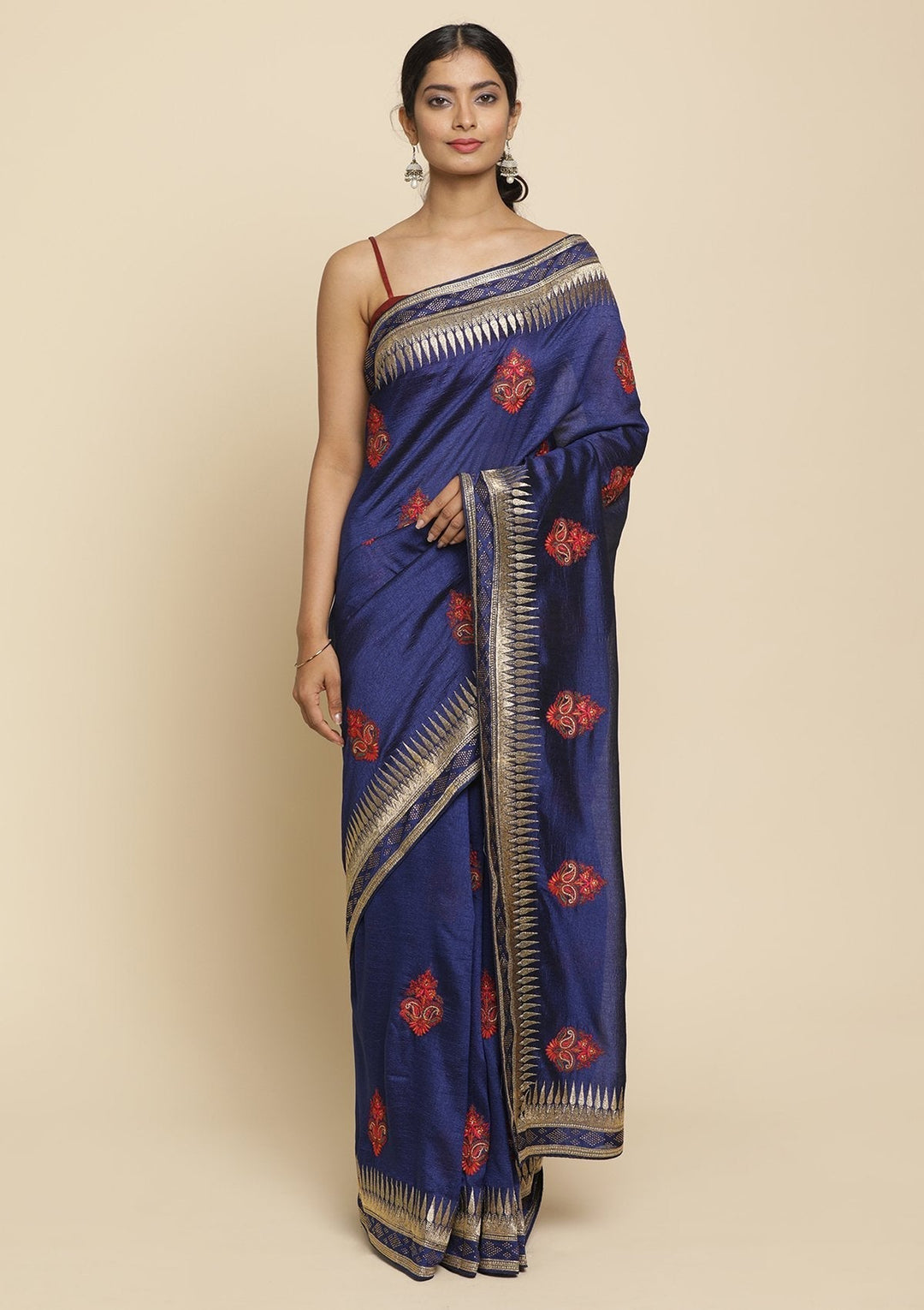 Navy Blue Zariwork  Art Silk Designer Saree - koskii