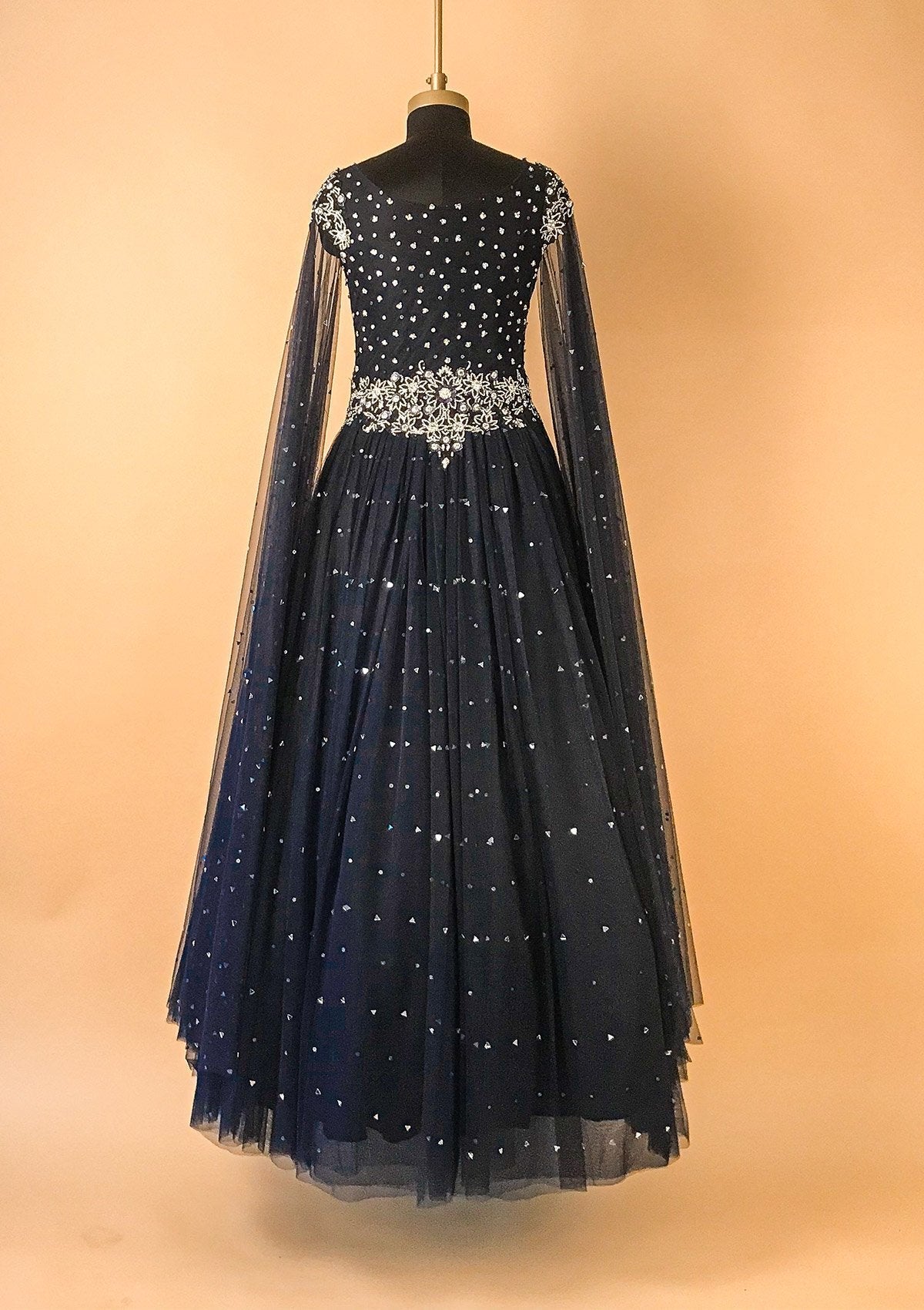 Navy Blue Silver Stonework Net Designer Gown - koskii