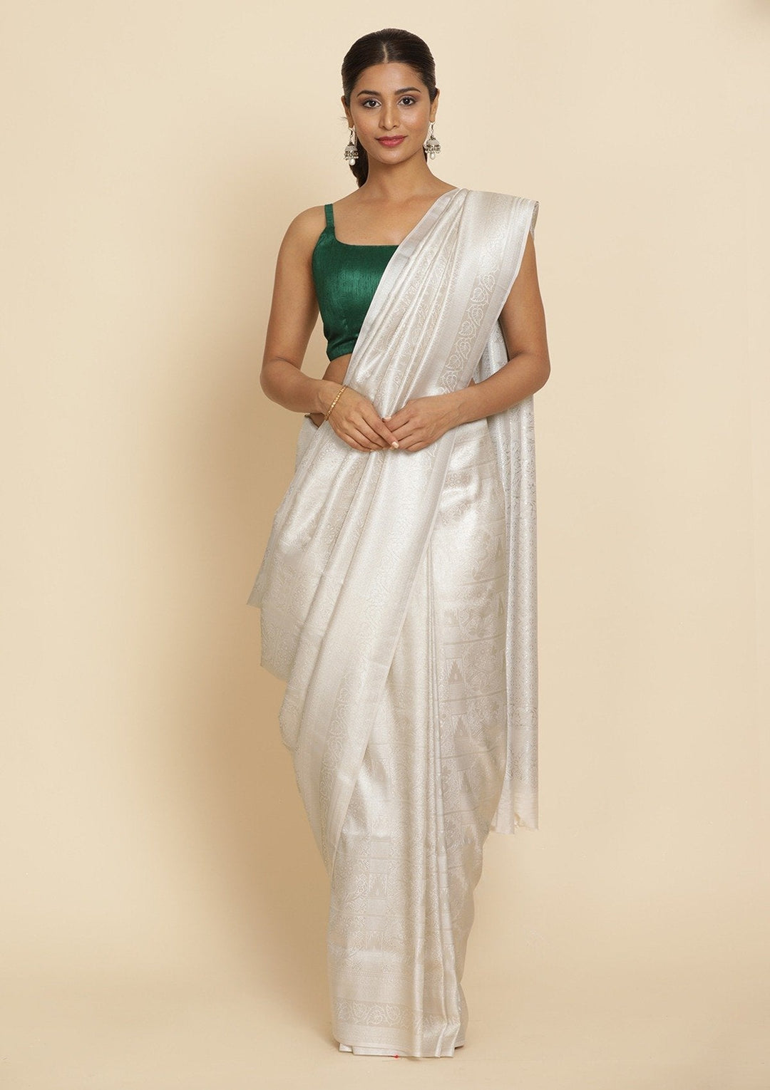 Off White Zariwork Art Silk Designer Saree - koskii