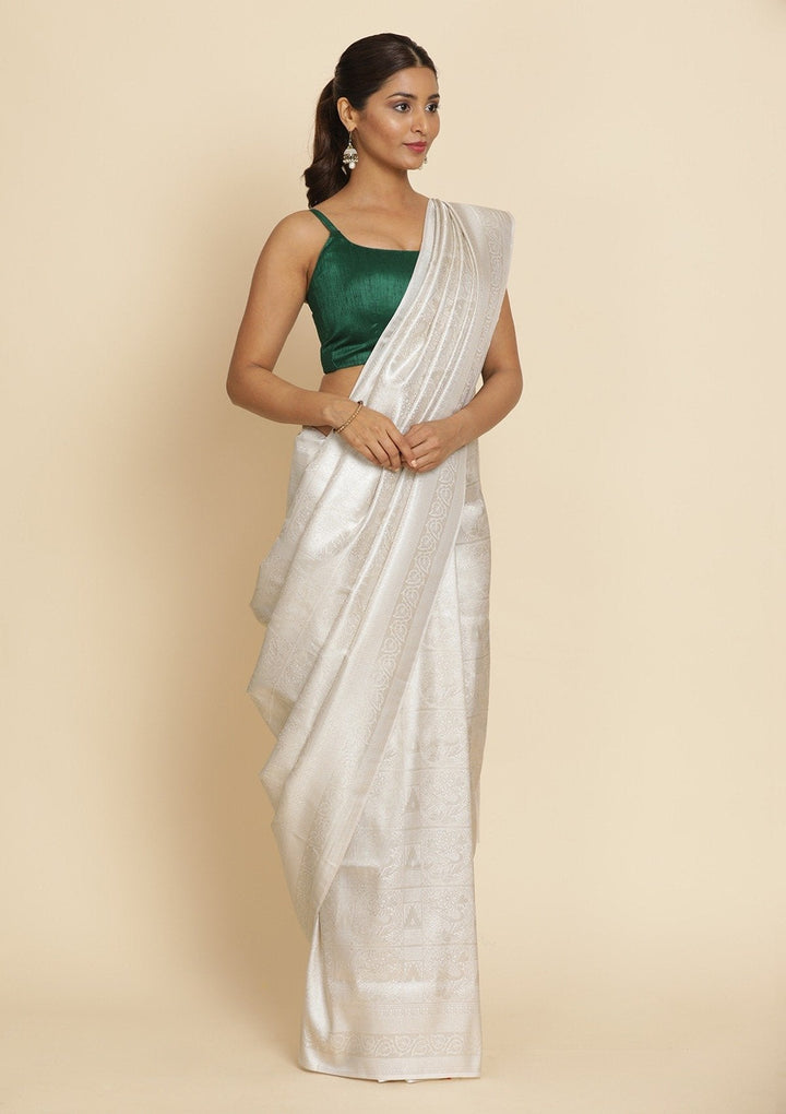Off White Zariwork Art Silk Designer Saree - koskii