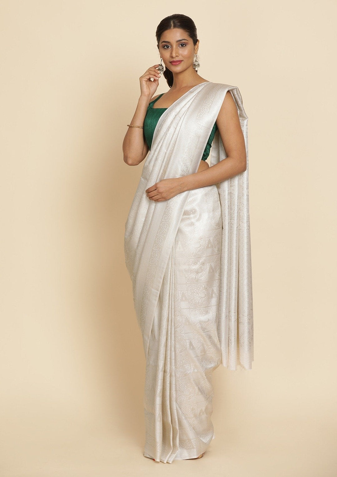 Off White Zariwork Art Silk Designer Saree - koskii