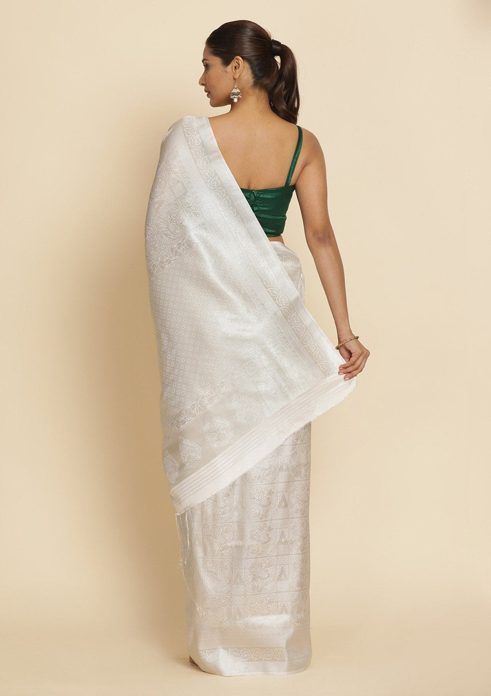 Off White Zariwork Art Silk Designer Saree - koskii