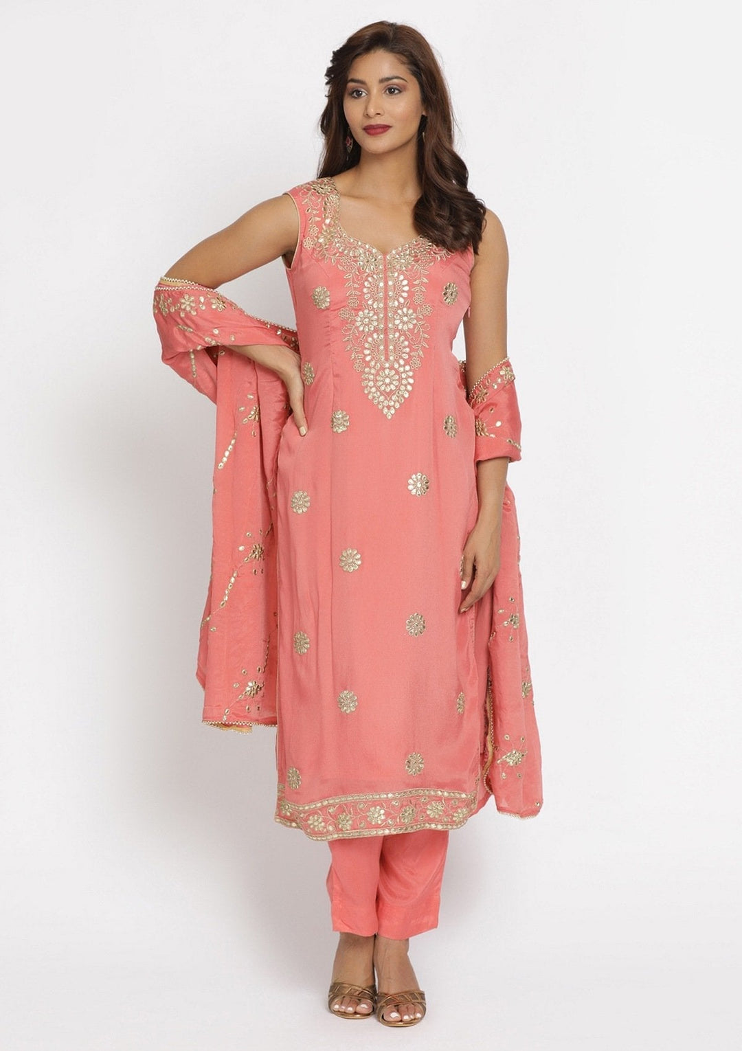 Onion Pink Gotapatti Semi Crepe Designer Unstitched Salwar Suit - koskii