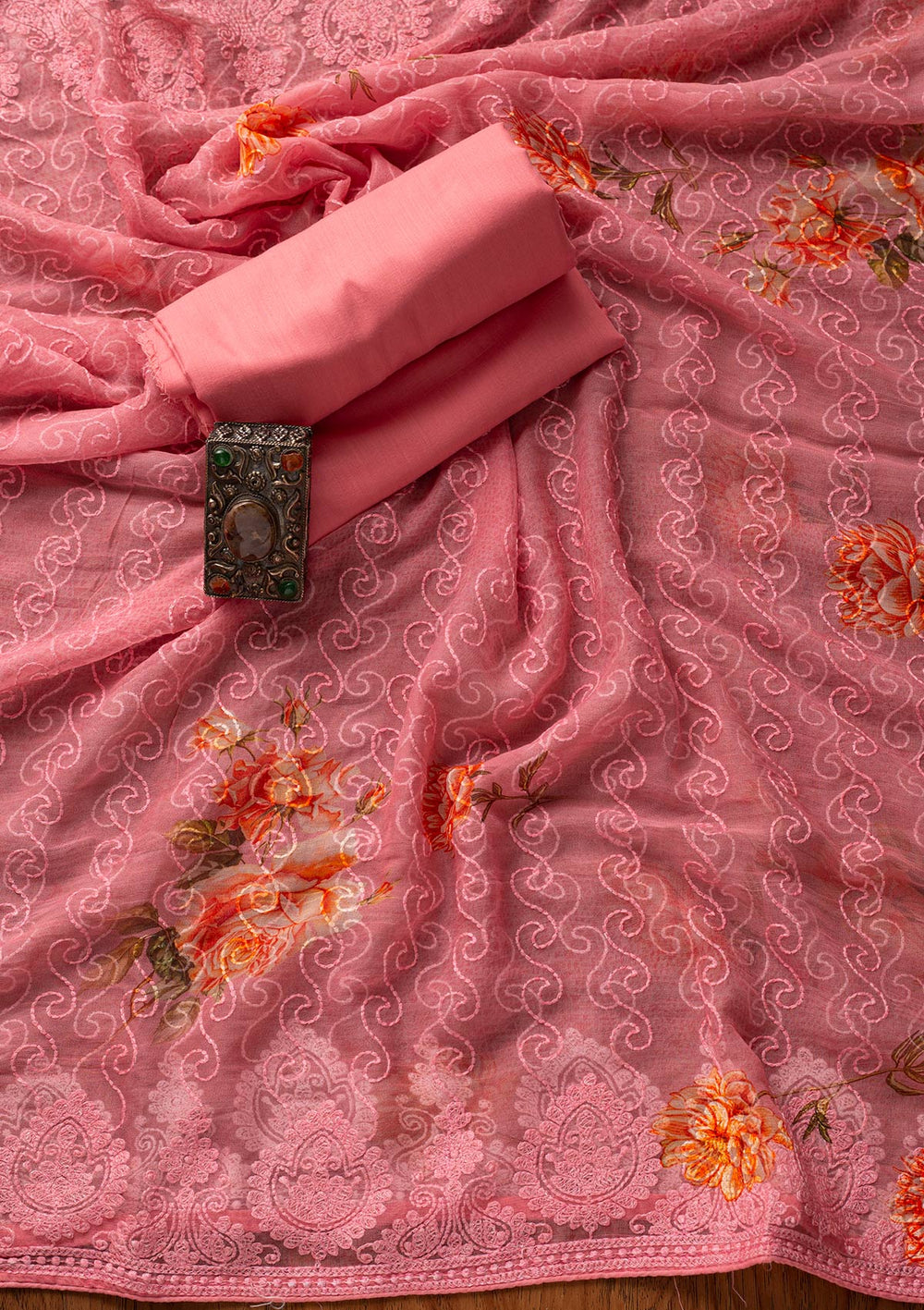 Onion Pink Sequins Semi Crepe Designer Unstitched Salwar Suit - koskii