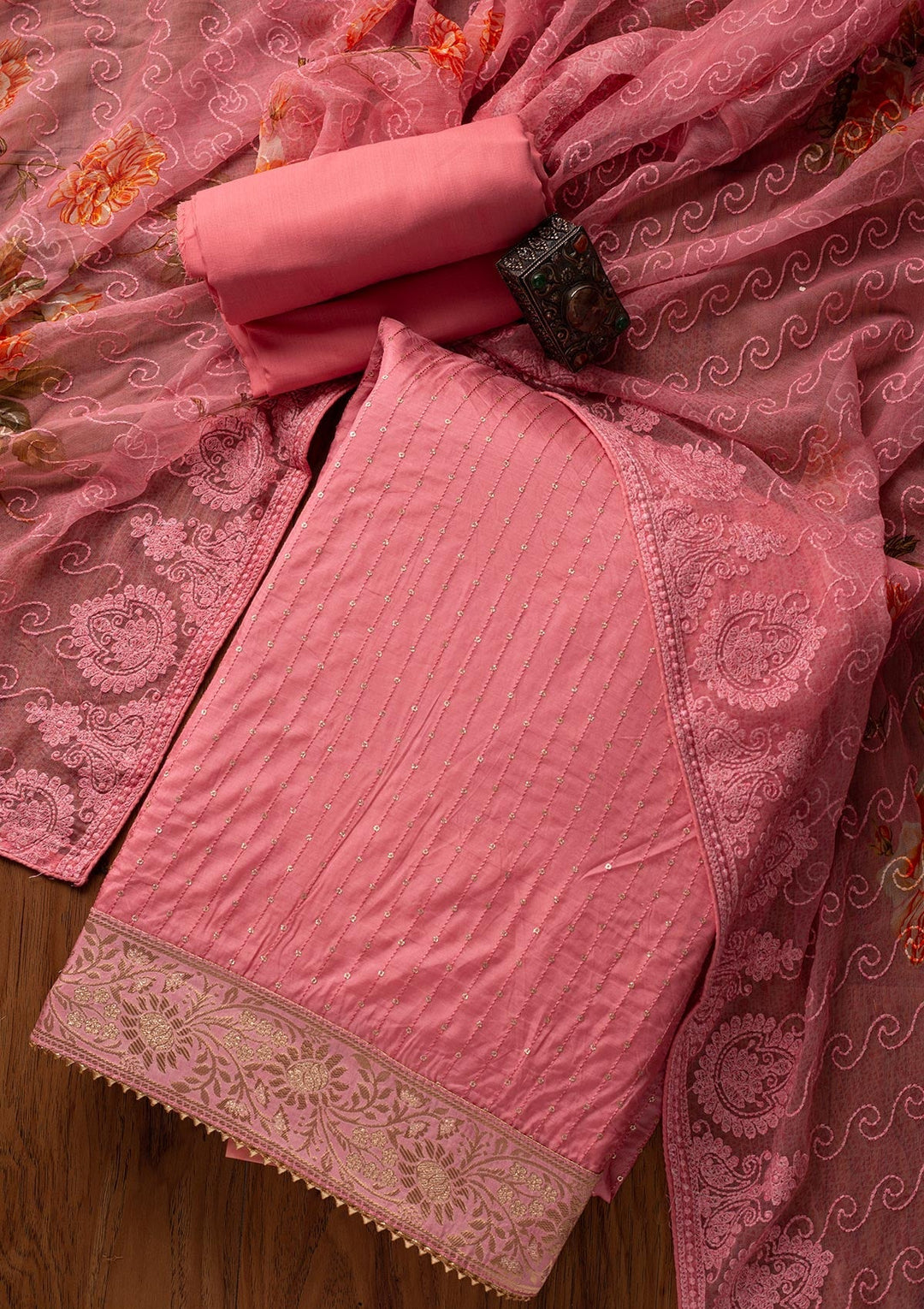 Onion Pink Sequins Semi Crepe Designer Unstitched Salwar Suit - koskii