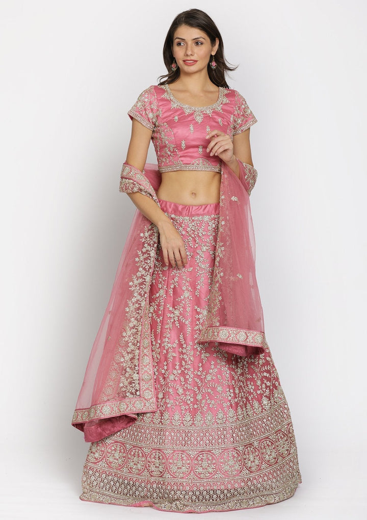 Onion Pink Silver Stonework Net Designer Semi-Stitched Lehenga - koskii