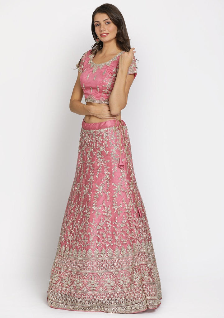 Onion Pink Silver Stonework Net Designer Semi-Stitched Lehenga - koskii