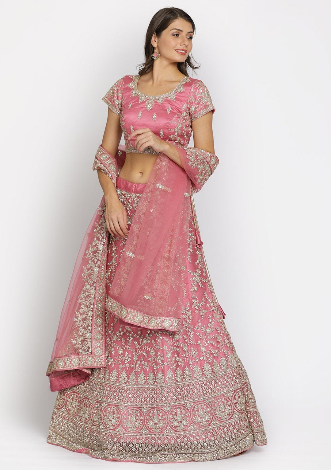 Onion Pink Silver Stonework Net Designer Semi-Stitched Lehenga - koskii