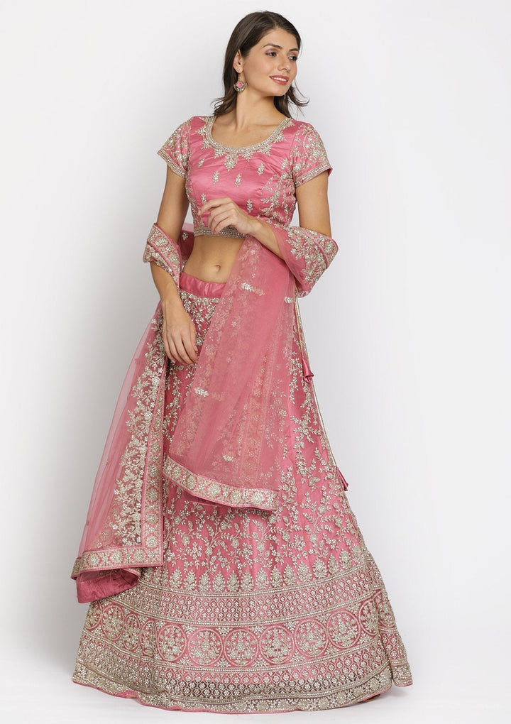 Onion Pink Silver Stonework Net Designer Semi-Stitched Lehenga - koskii
