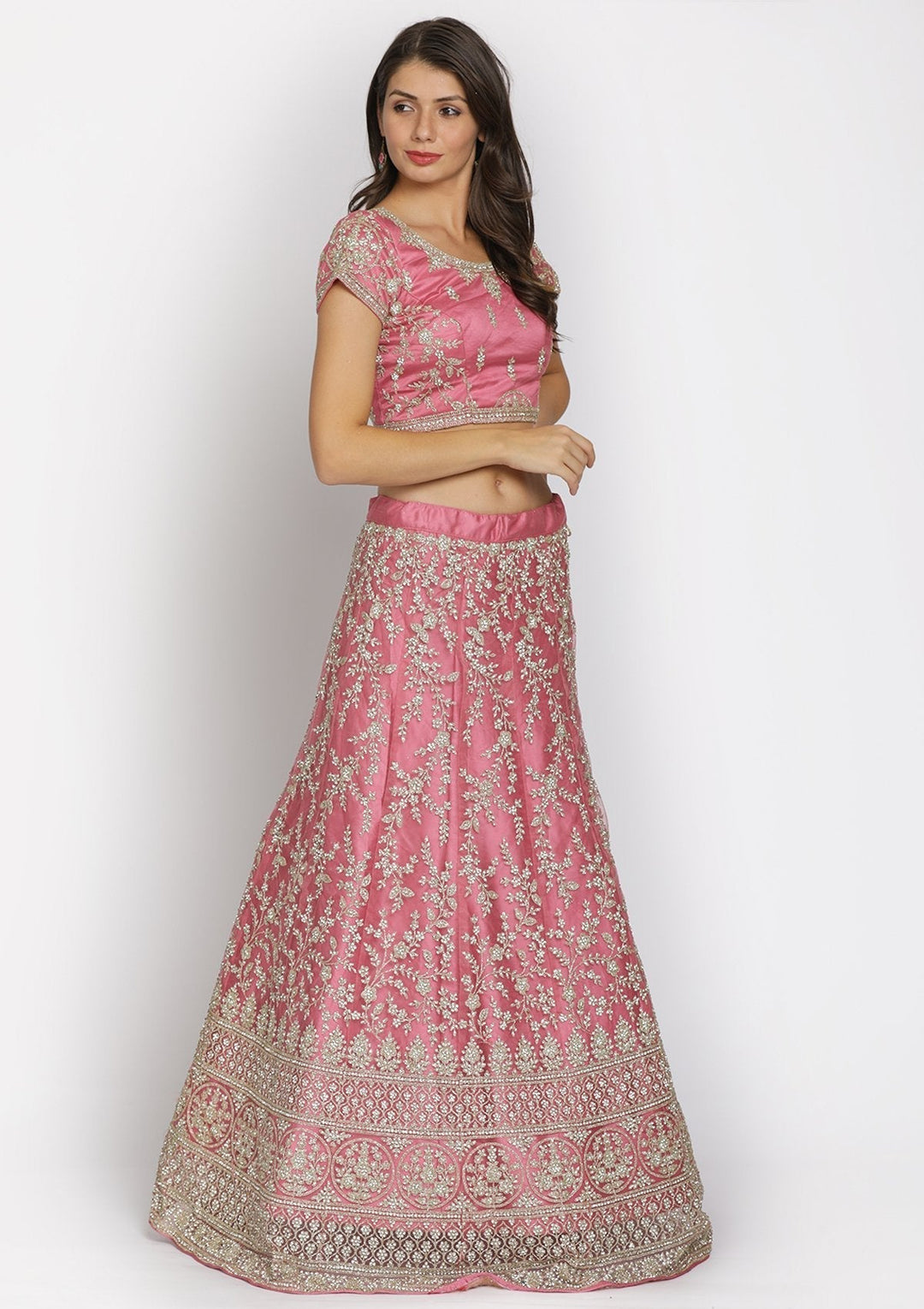 Onion Pink Silver Stonework Net Designer Semi-Stitched Lehenga - koskii