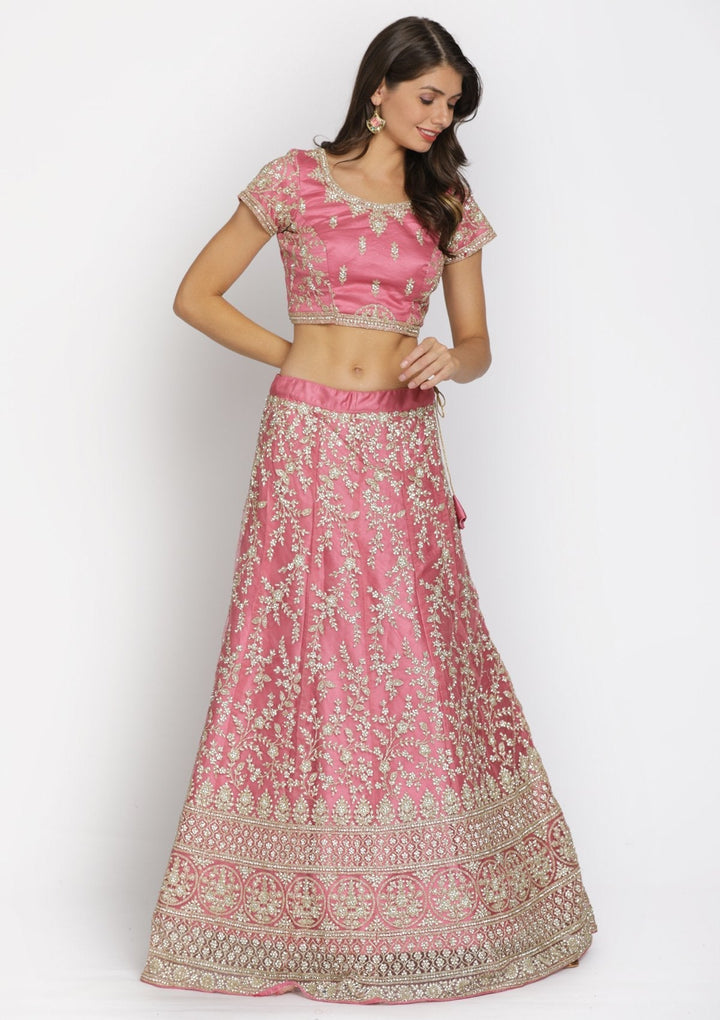 Onion Pink Silver Stonework Net Designer Semi-Stitched Lehenga - koskii