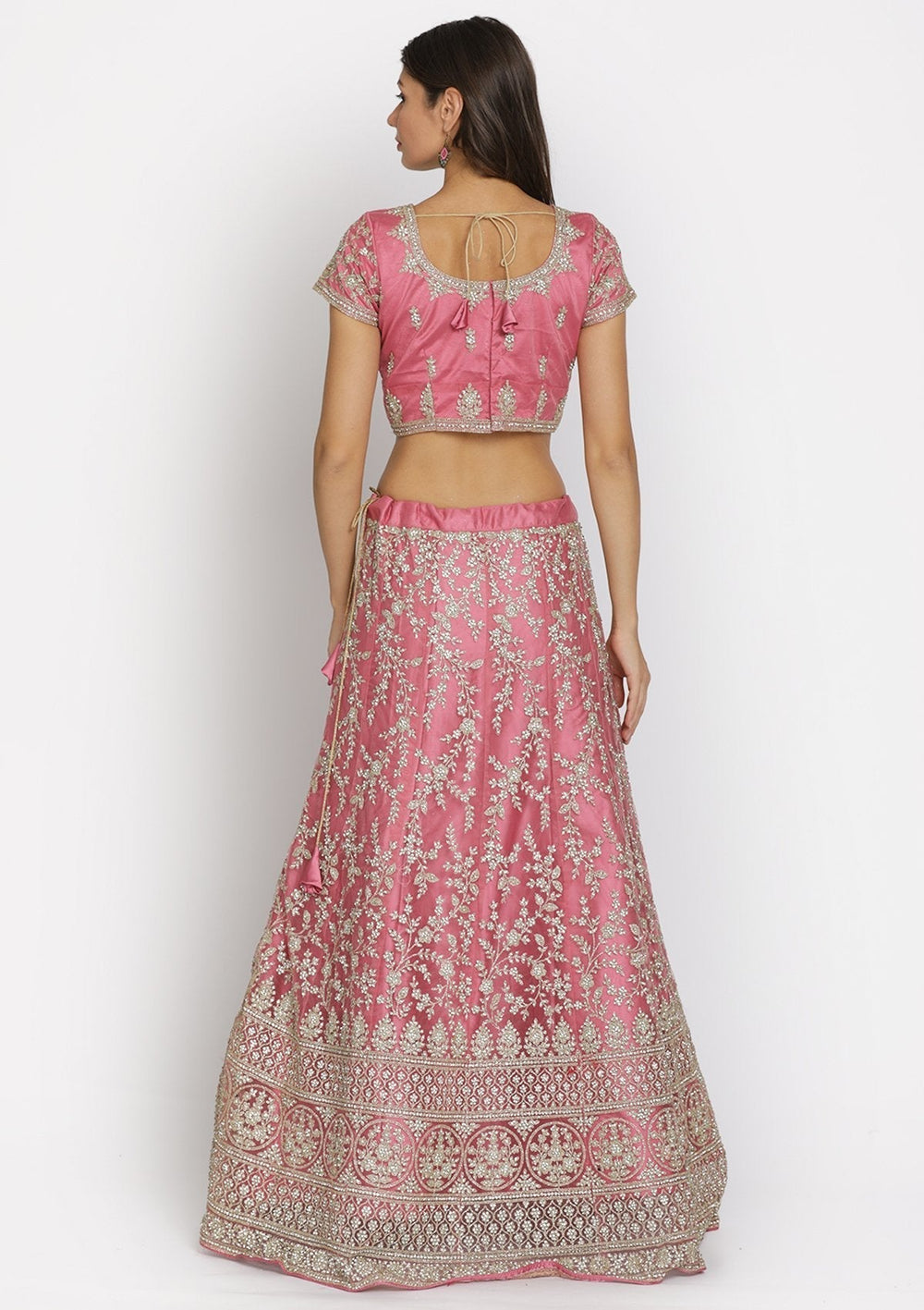 Onion Pink Silver Stonework Net Designer Semi-Stitched Lehenga - koskii