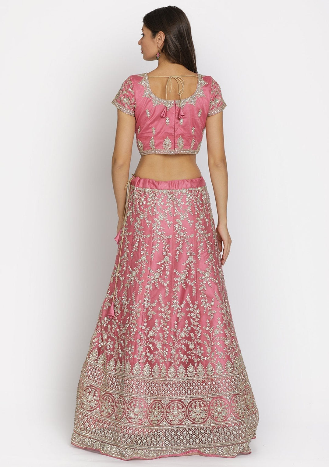 Onion Pink Silver Stonework Net Designer Semi-Stitched Lehenga - koskii