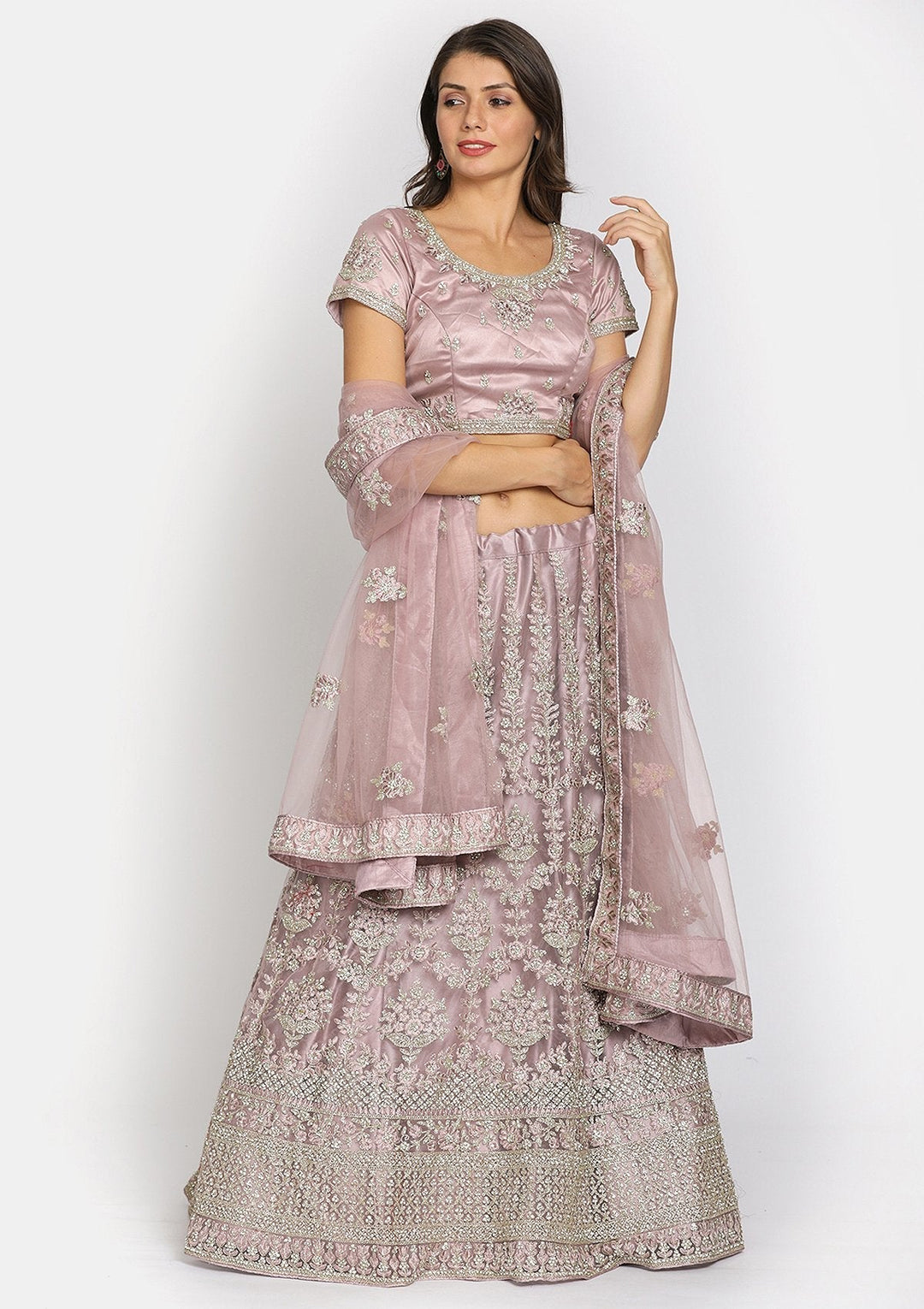 Onion Pink Threadwork Net Designer Semi-Stitched Lehenga - koskii