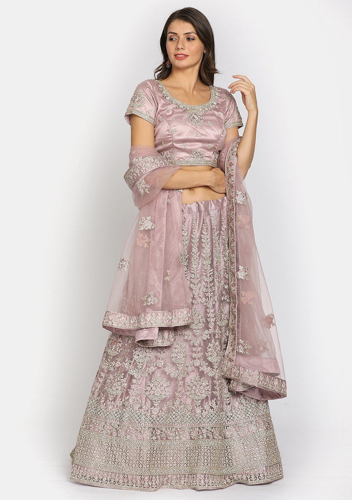 Onion Pink Threadwork Net Designer Semi-Stitched Lehenga - koskii
