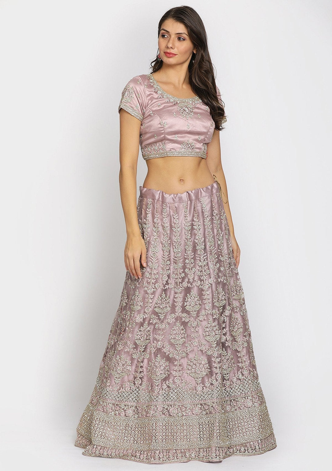 Onion Pink Threadwork Net Designer Semi-Stitched Lehenga - koskii
