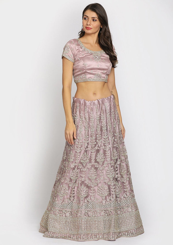 Onion Pink Threadwork Net Designer Semi-Stitched Lehenga - koskii