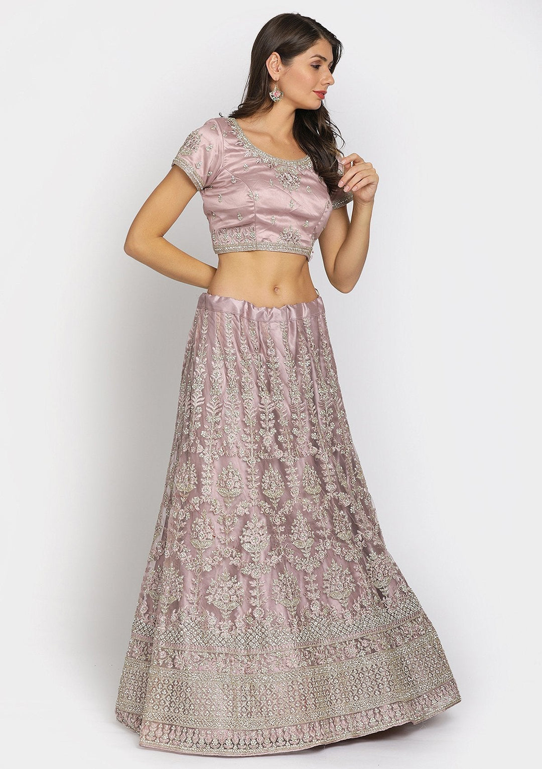 Onion Pink Threadwork Net Designer Semi-Stitched Lehenga - koskii