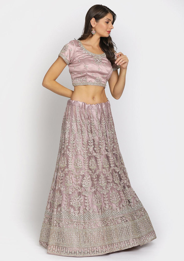 Onion Pink Threadwork Net Designer Semi-Stitched Lehenga - koskii