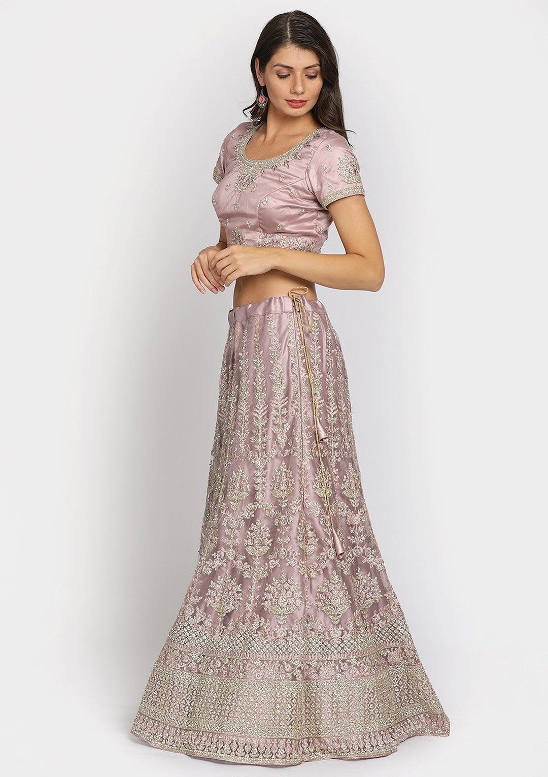 Onion Pink Threadwork Net Designer Semi-Stitched Lehenga - koskii