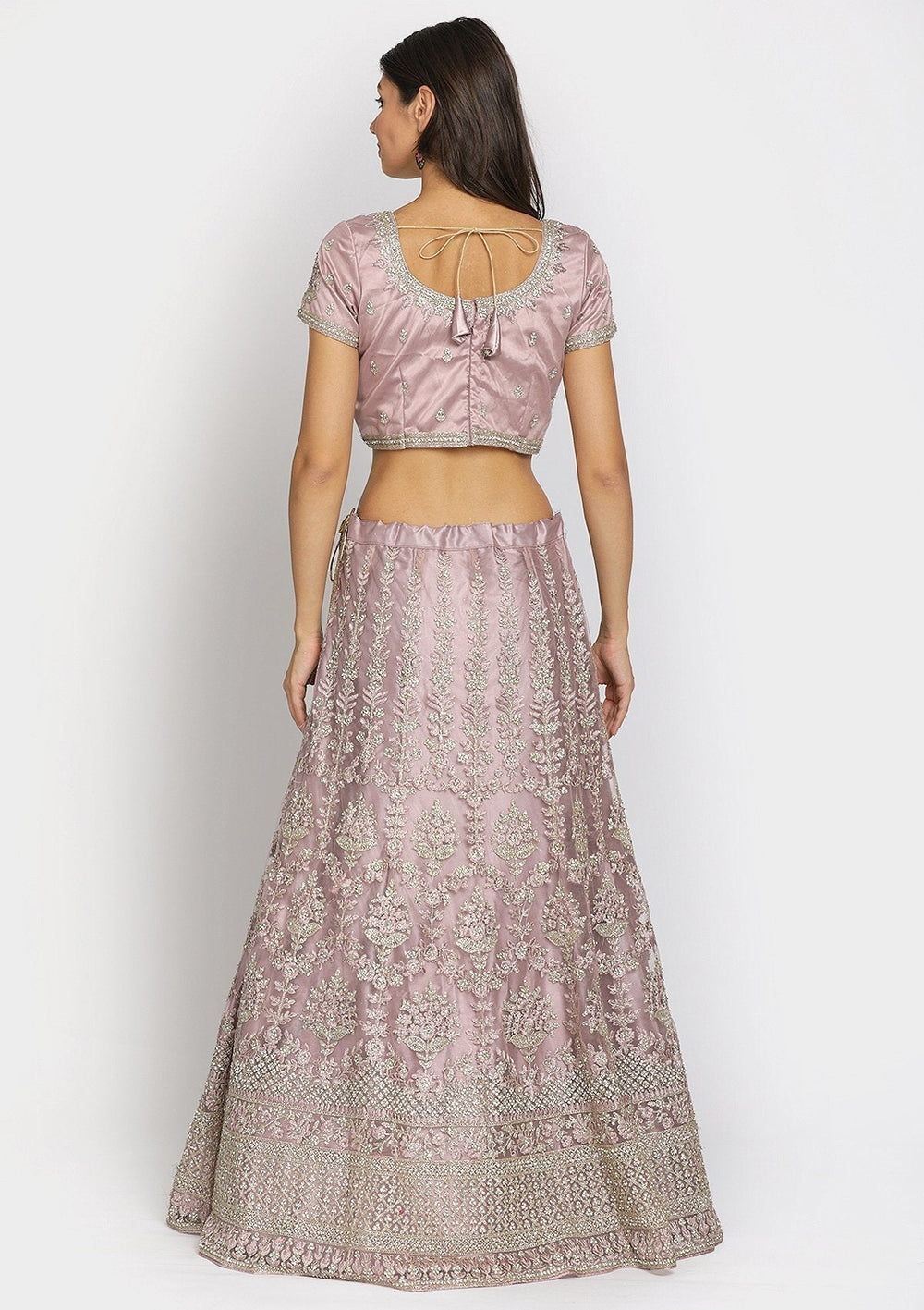 Onion Pink Threadwork Net Designer Semi-Stitched Lehenga - koskii