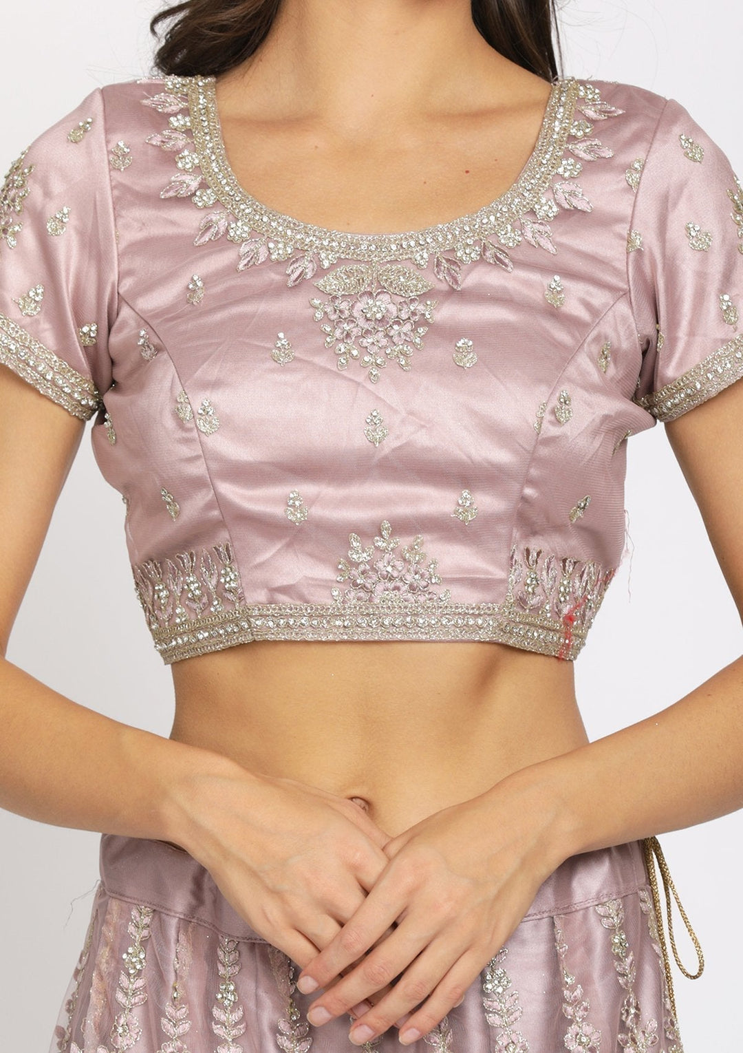 Onion Pink Threadwork Net Designer Semi-Stitched Lehenga - koskii