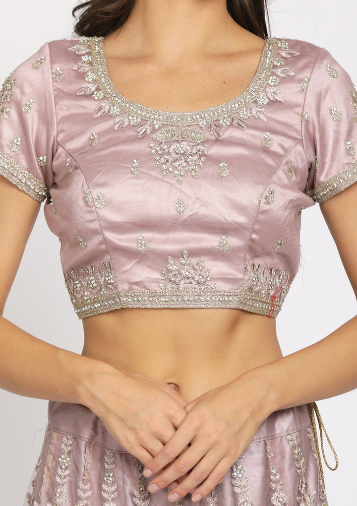 Onion Pink Threadwork Net Designer Semi-Stitched Lehenga - koskii