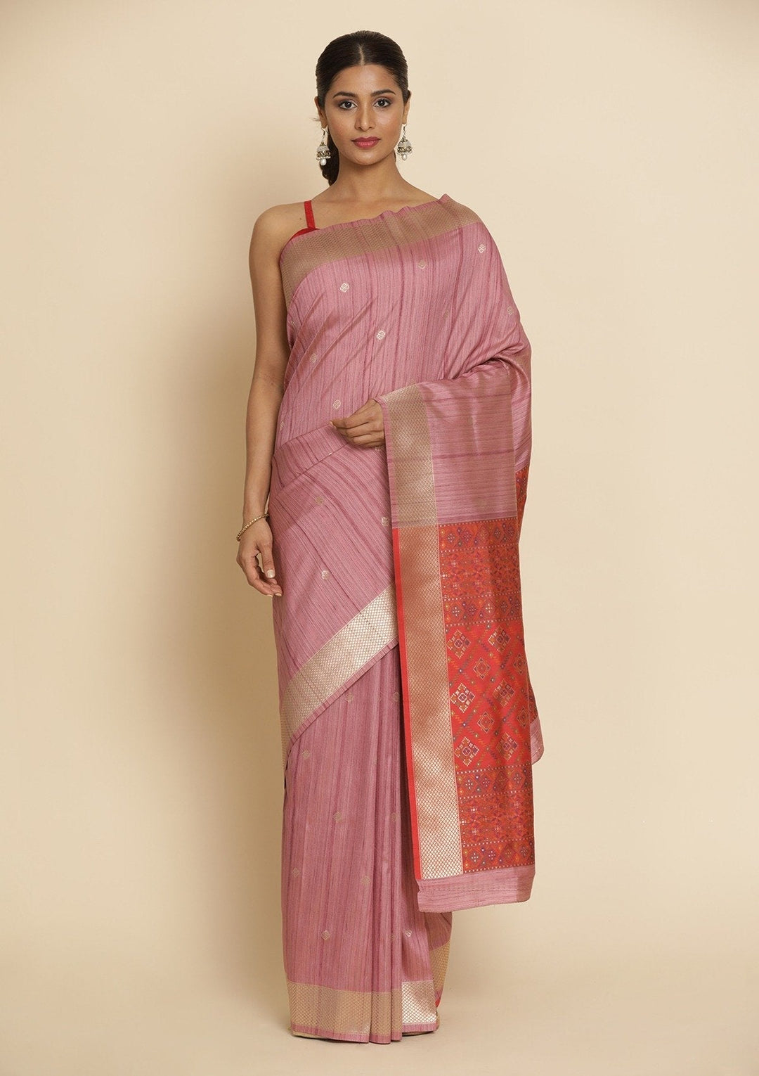 Onion Pink Zariwork Raw Silk Designer Saree - koskii